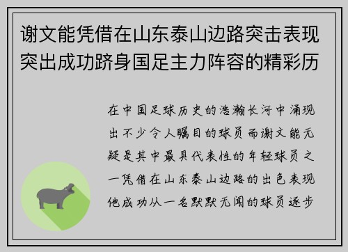 谢文能凭借在山东泰山边路突击表现突出成功跻身国足主力阵容的精彩历程